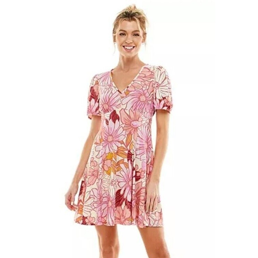 Lily Rose Women Dress XS Floral Belted Fit & Flare Mini V Neck Puff Sleeve 0111